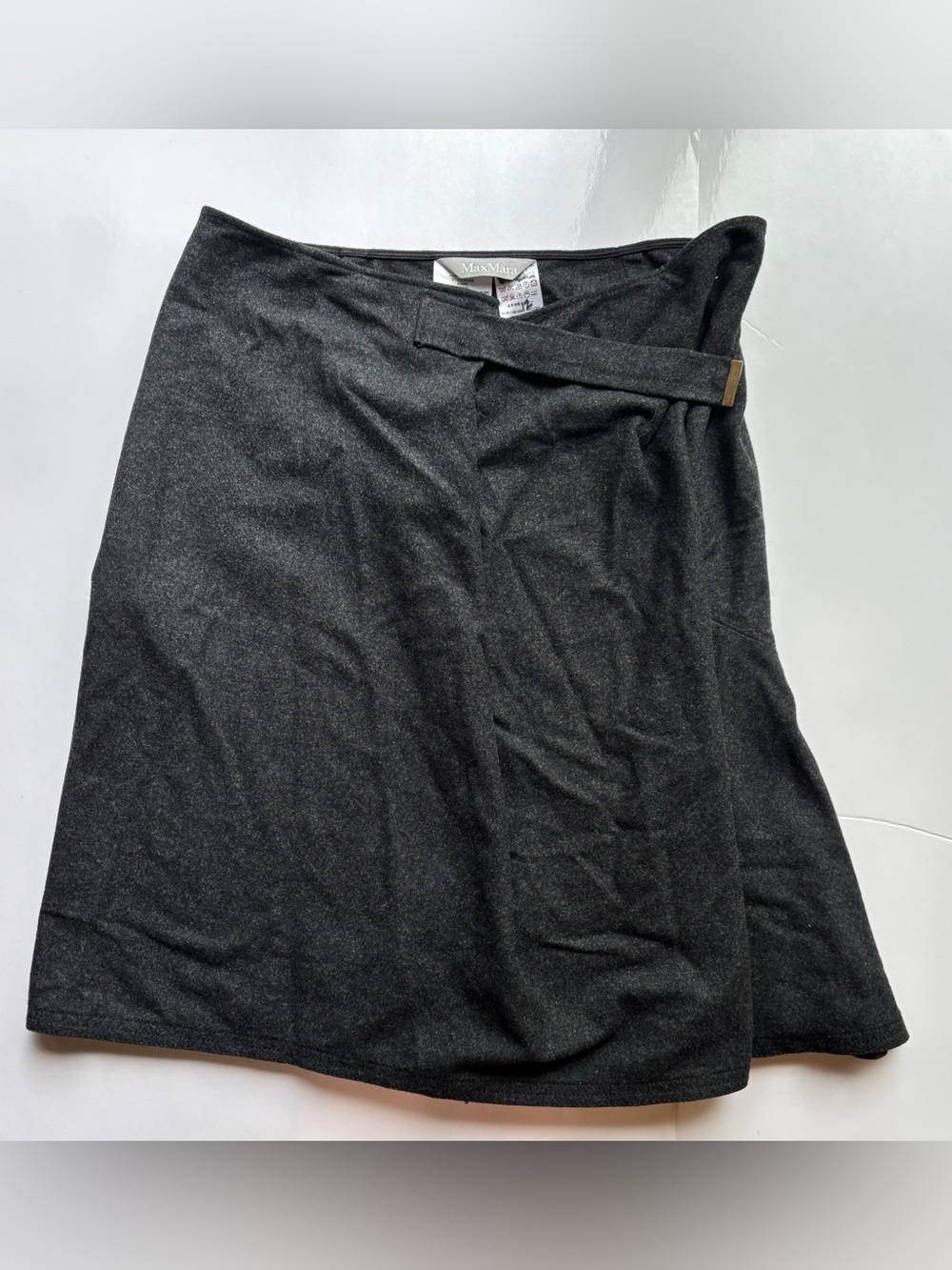 Max mara grey wool pleated wrap midi skirt belted charcoal designer luxury